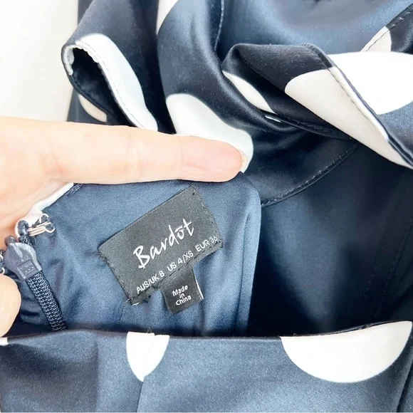 Bardot Women's Satin Polka Dot Strapless Dress Sweetheart Navy Tie Back 4/XS - Picture 6 of 6